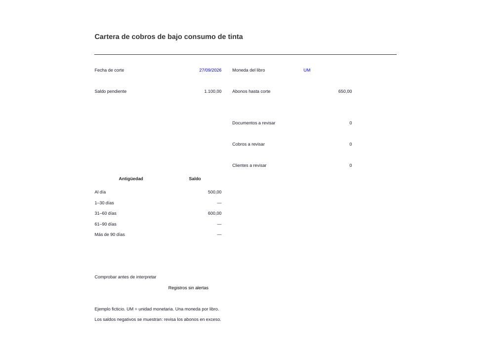 Cartera de cobros de bajo consumo de tinta: vista previa del resumen