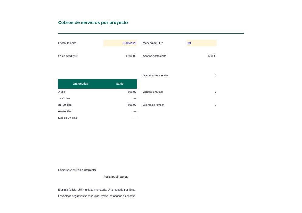Cobros de servicios por proyecto: vista previa del resumen
