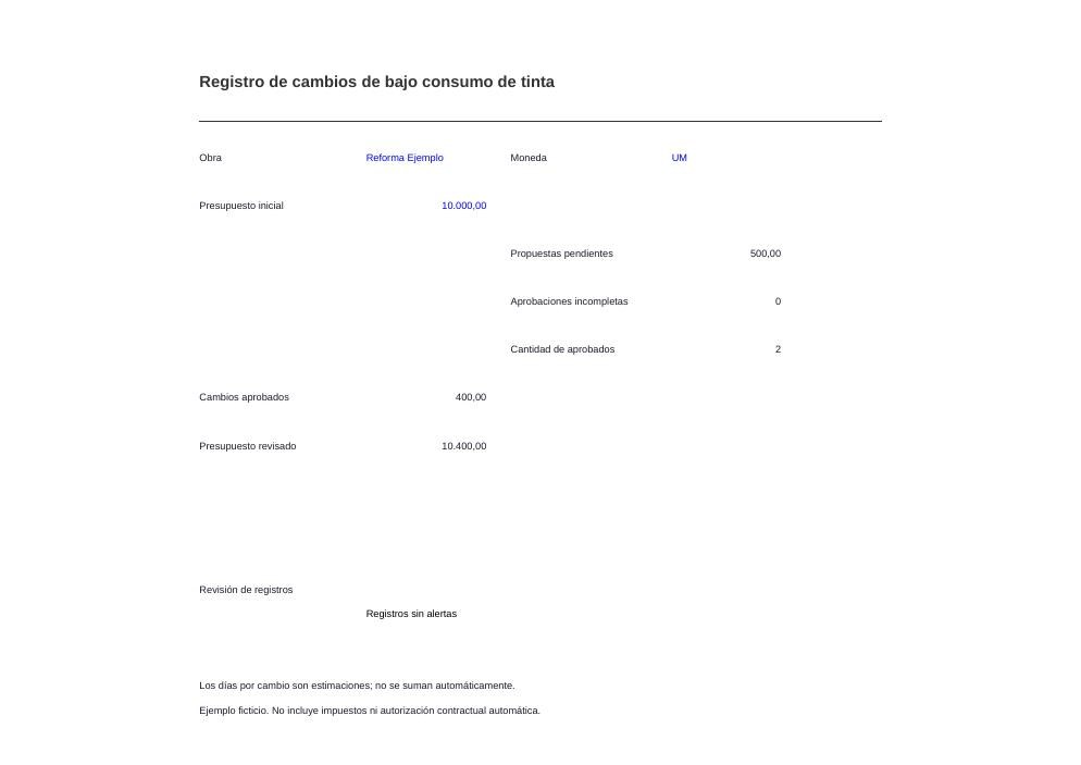 Registro de cambios de bajo consumo de tinta: vista previa del resumen
