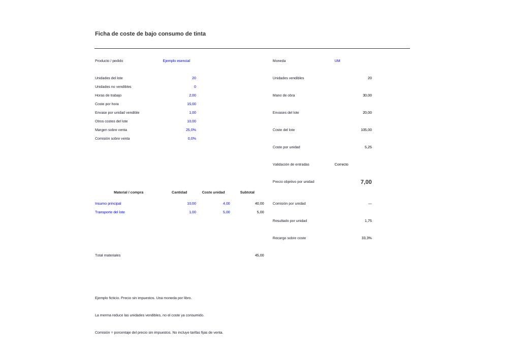 Ficha de coste de bajo consumo de tinta: vista previa del resumen