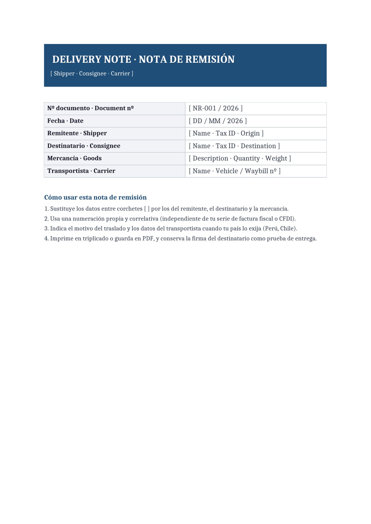 Plantilla Nota de remisión bilingüe español + inglés