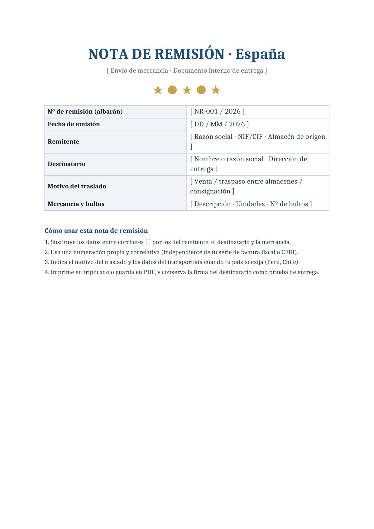 Plantilla Nota de remisión España