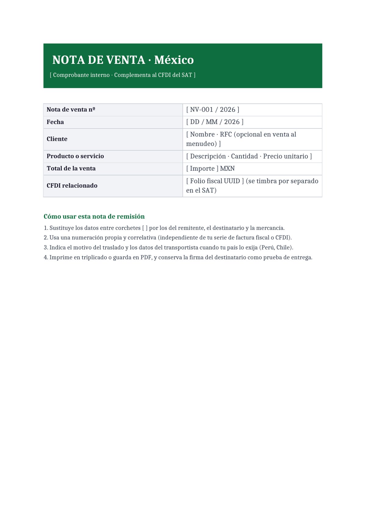 Plantilla Nota de venta México (complementaria al CFDI)