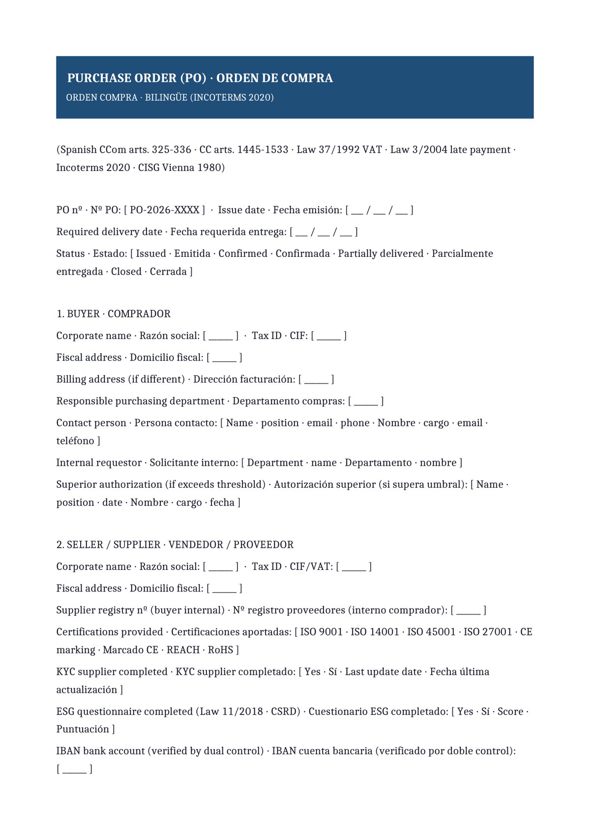 Plantilla Orden de compra bilingüe (ES + EN · Incoterms 2020)