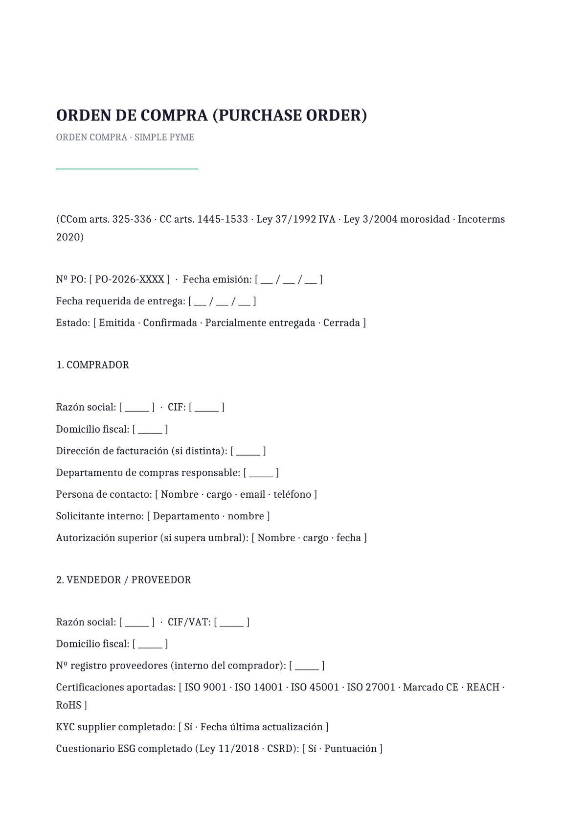 Plantilla Orden de compra simple PYME