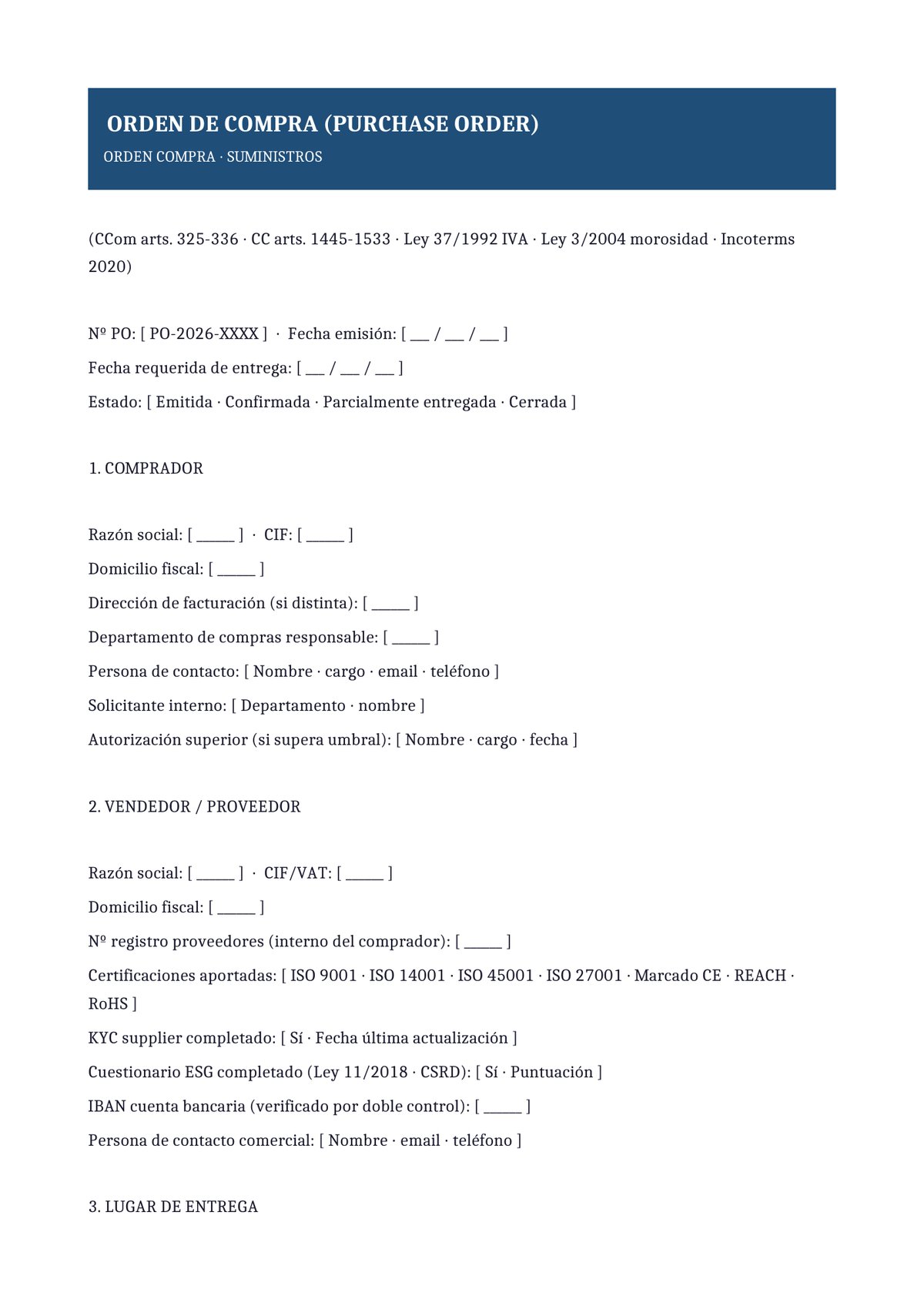 Plantilla Orden de compra de suministros/materia prima