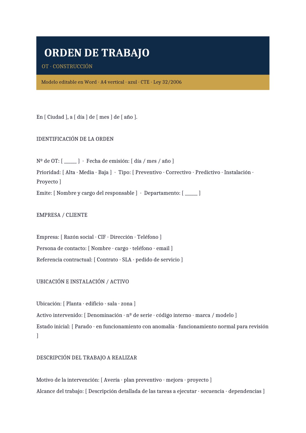 Plantilla Orden de trabajo en construcción y obra