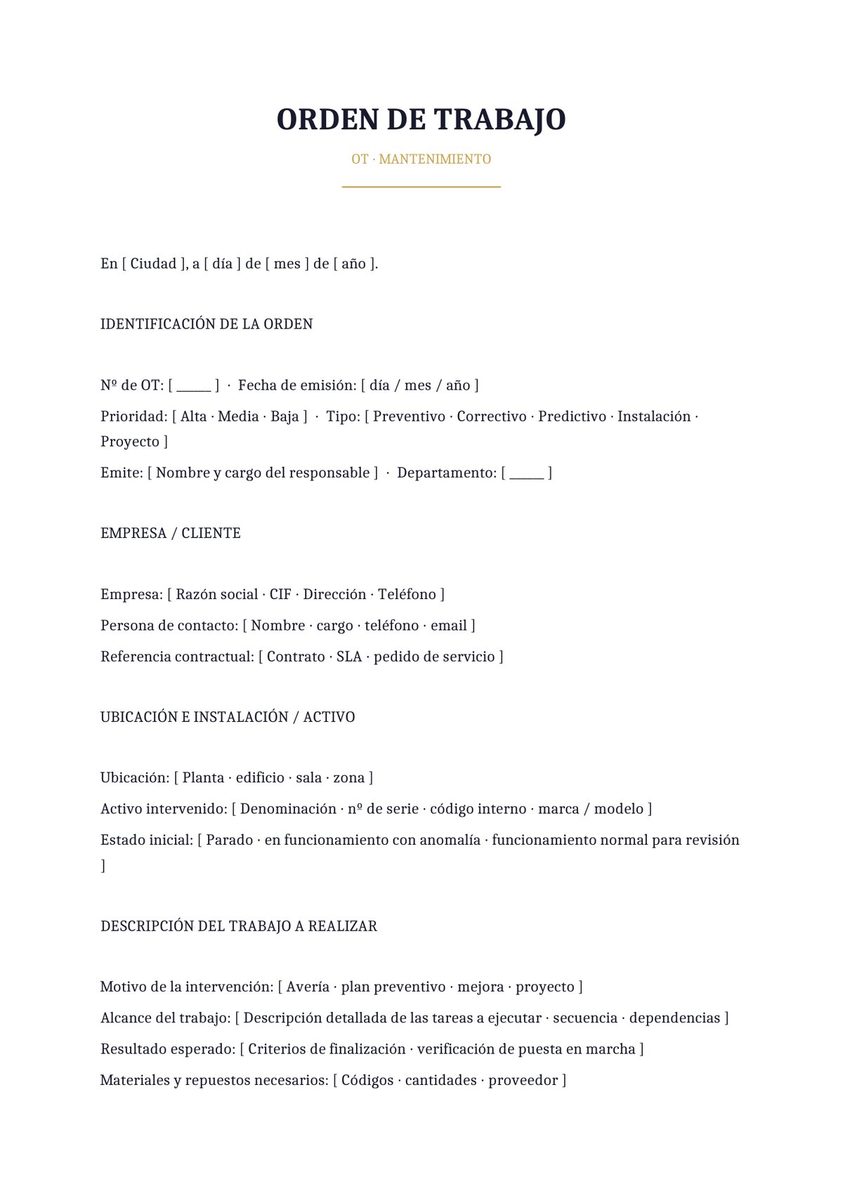 Plantilla Orden de trabajo de mantenimiento industrial