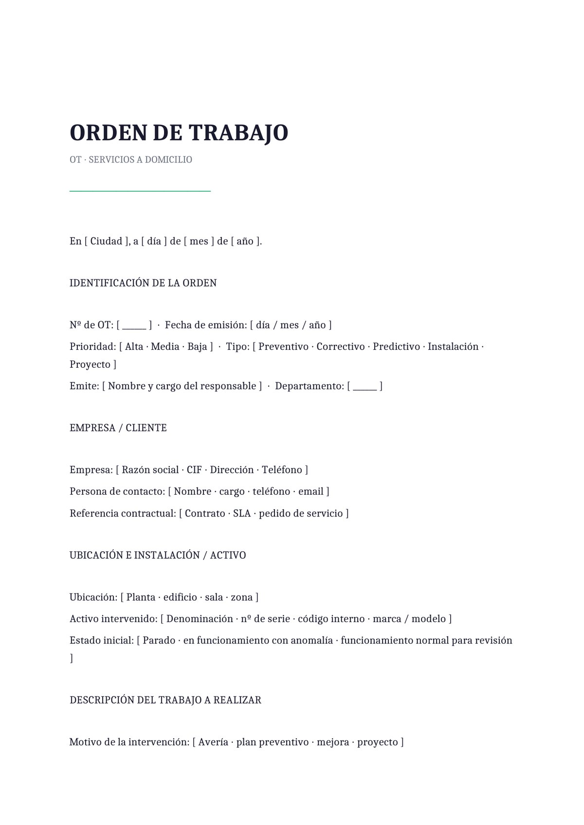 Plantilla Orden de trabajo servicios a domicilio