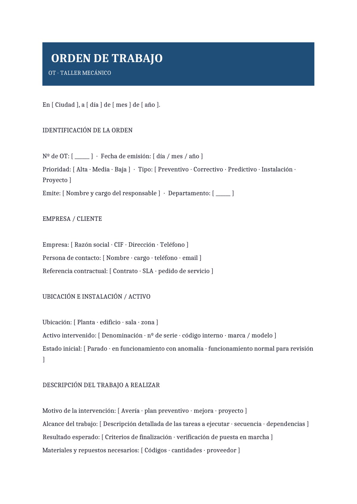 Plantilla Orden de trabajo de taller mecánico