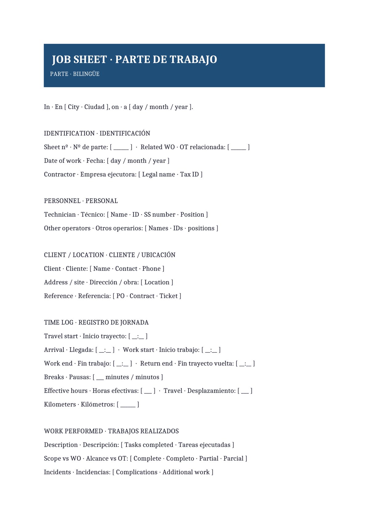 Plantilla Parte de trabajo bilingüe (ES + EN)