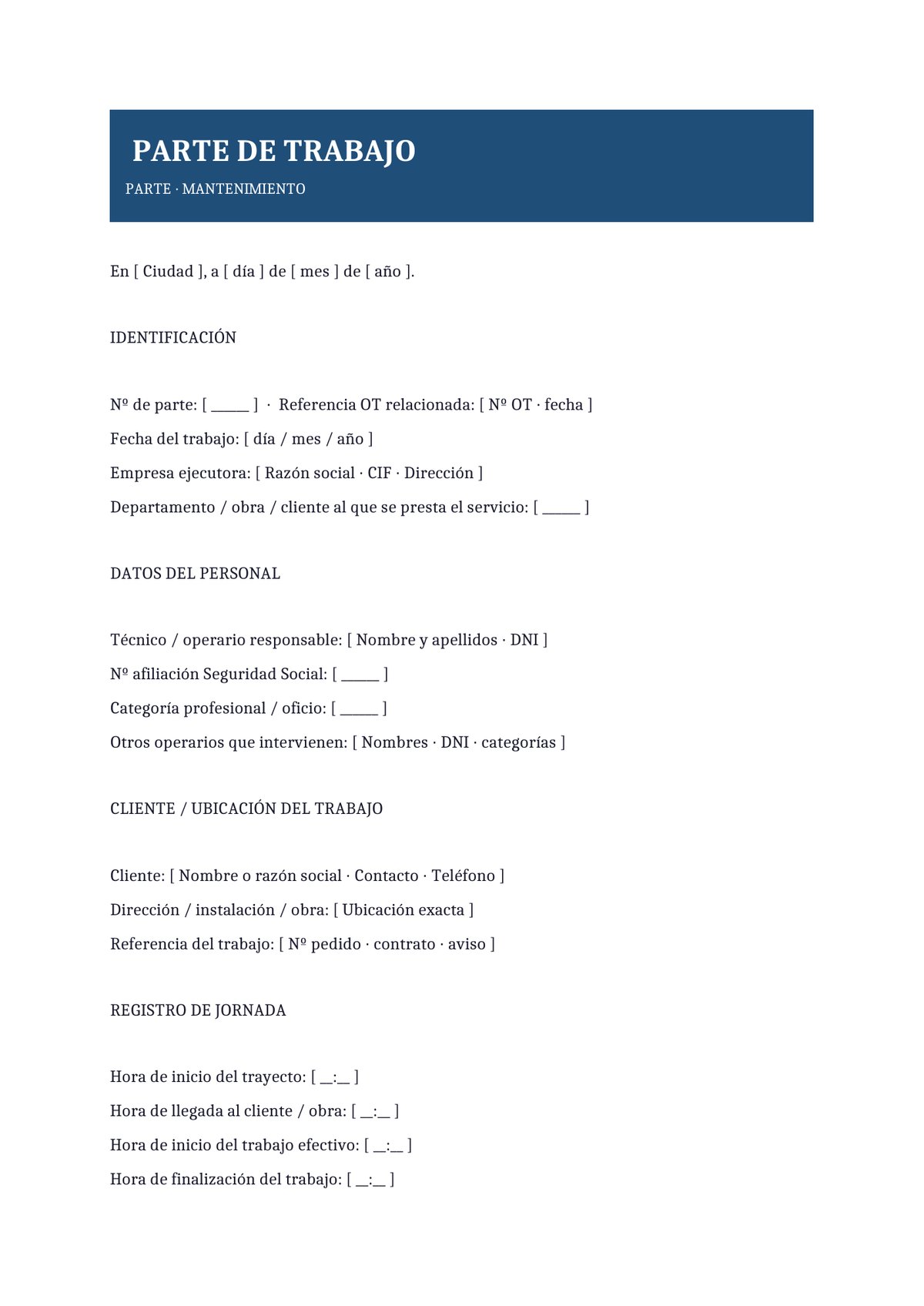Plantilla Parte de trabajo de mantenimiento
