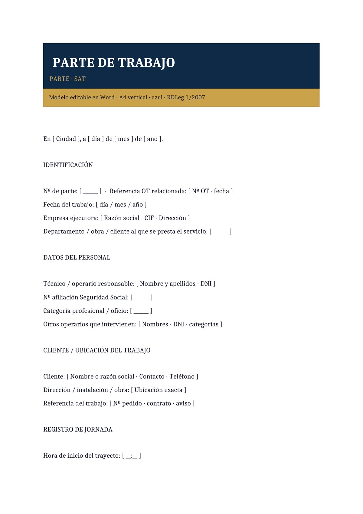 Plantilla Parte de trabajo de servicios técnicos (SAT)