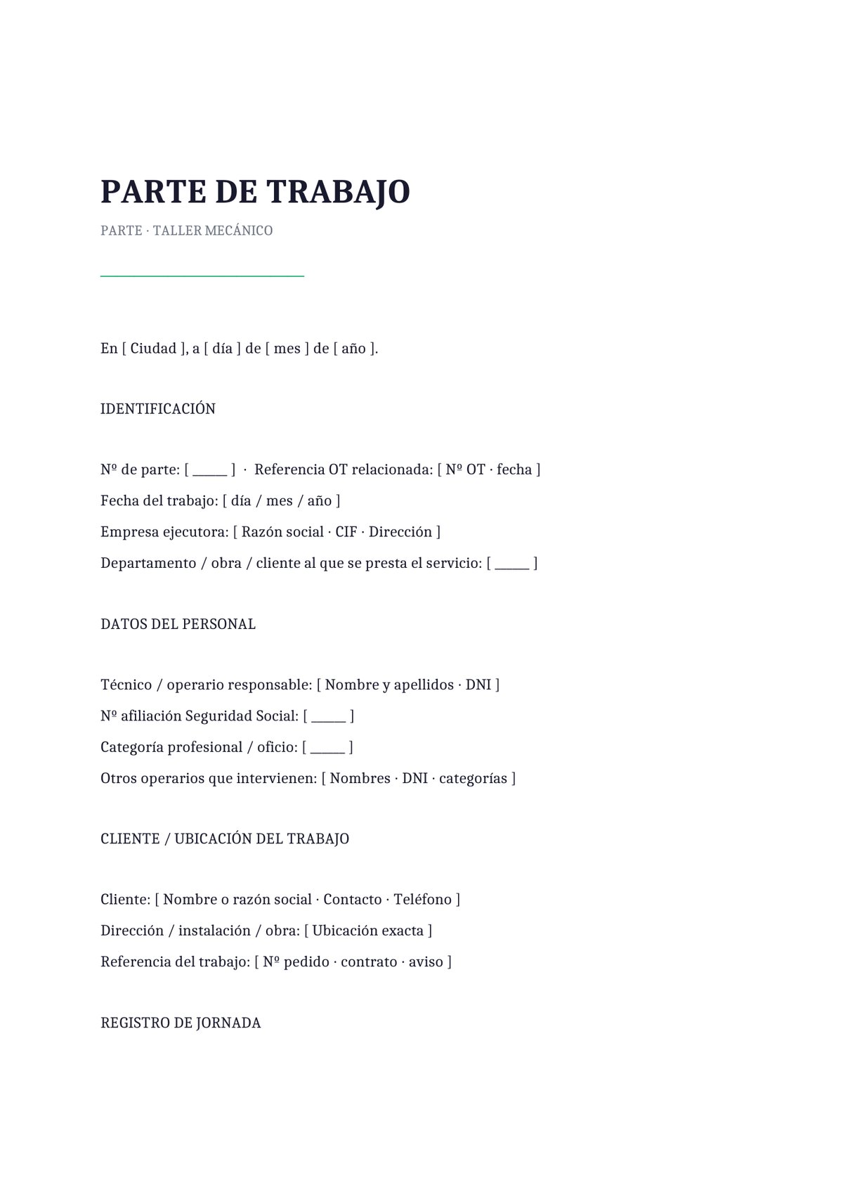 Plantilla Parte de trabajo de taller mecánico