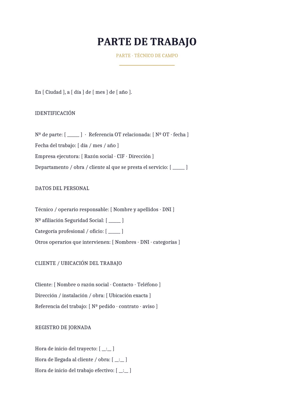 Plantilla Parte de trabajo de técnico de campo