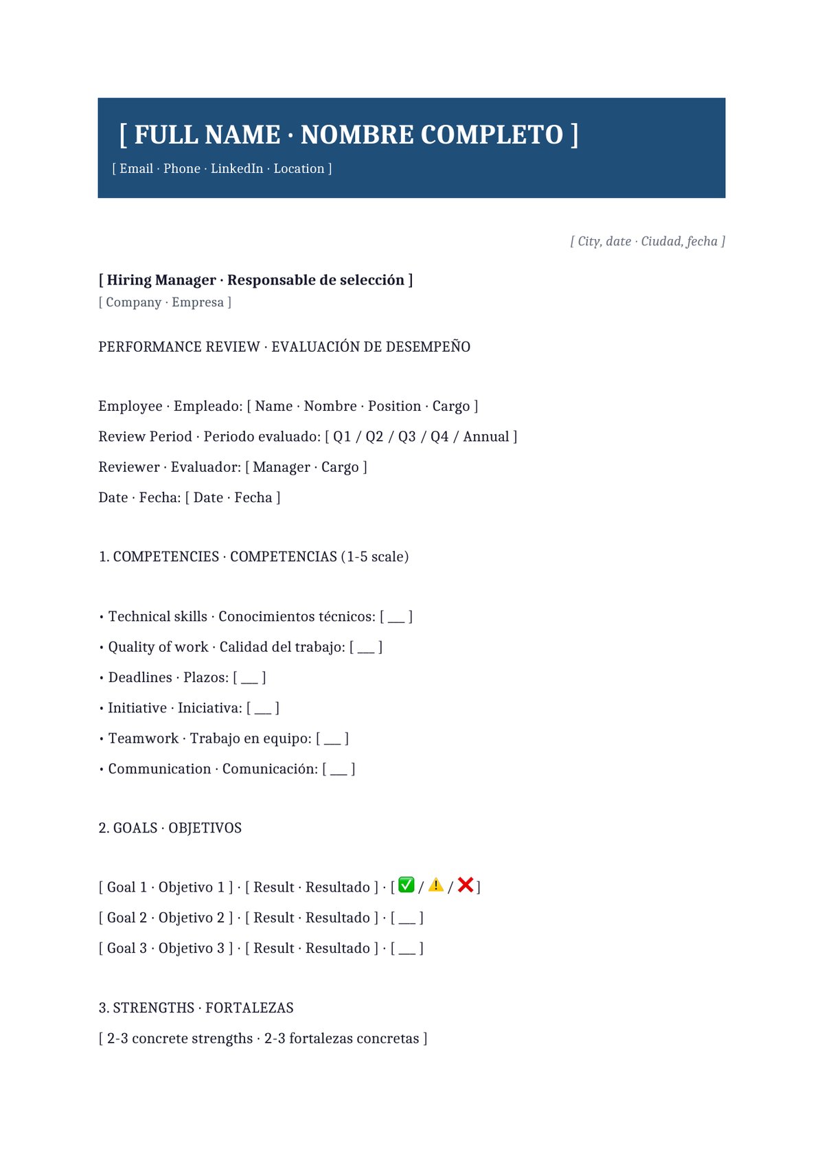 Plantilla Performance review bilingüe (ES + EN)