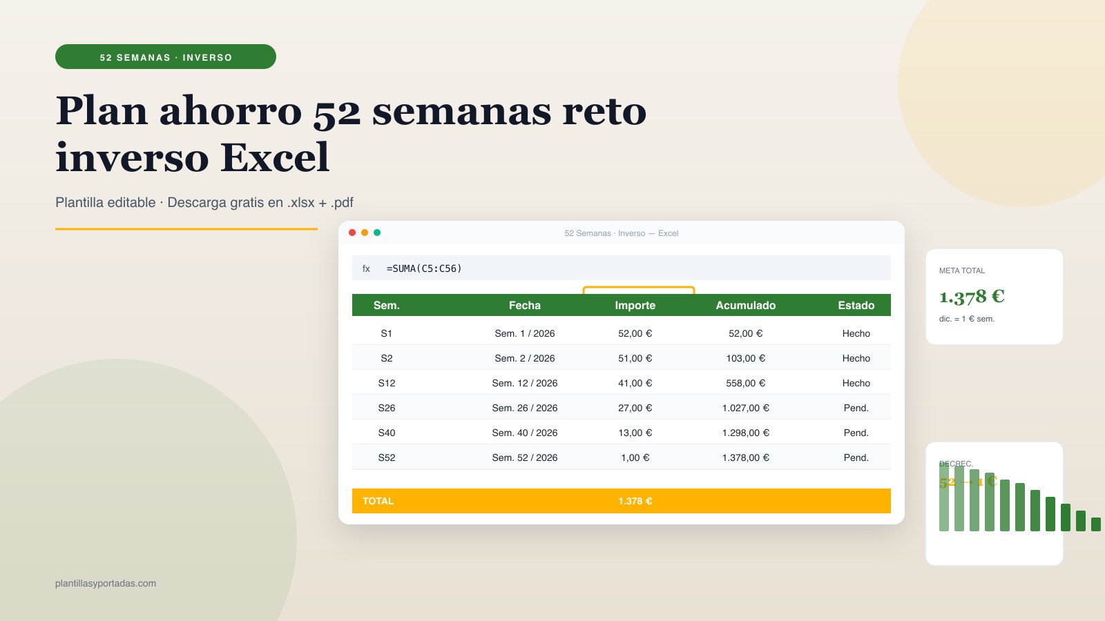 Plantilla Reto de ahorro 52 semanas · inverso en Excel