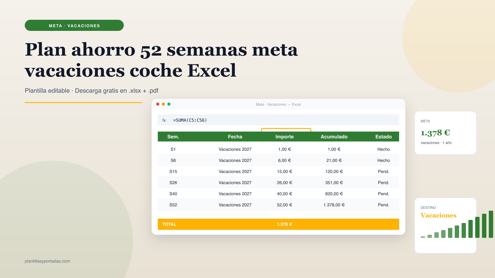 Plantilla Reto de ahorro 52 semanas · meta concreta en Excel