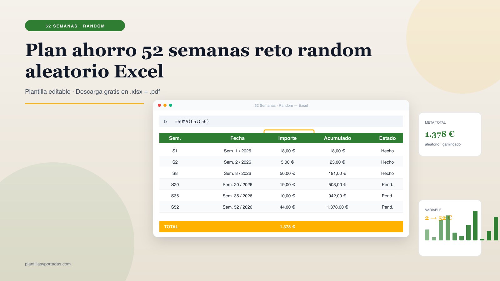 Plantilla Reto de ahorro 52 semanas · random en Excel