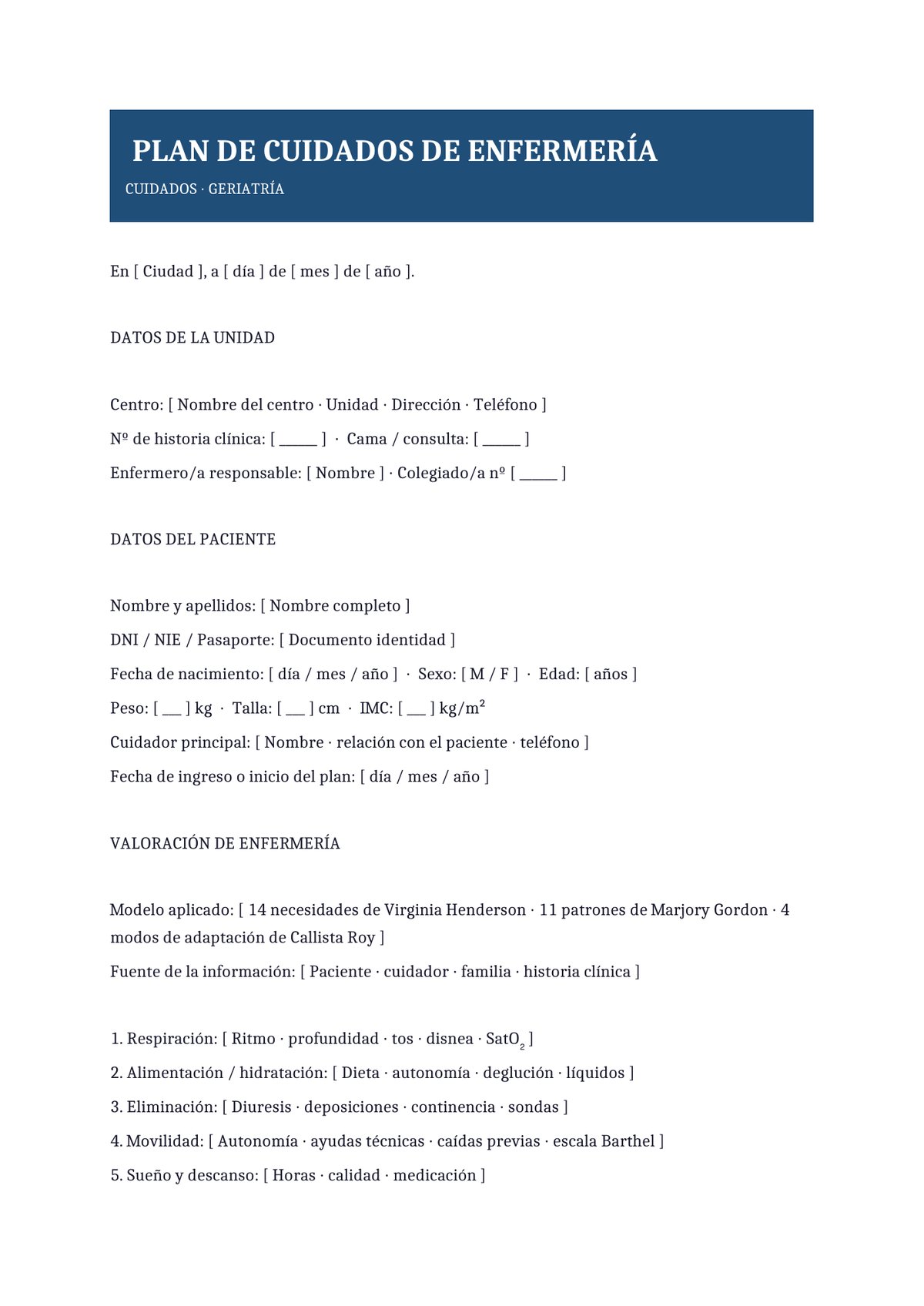 Plantilla Plan de cuidados geriátrico