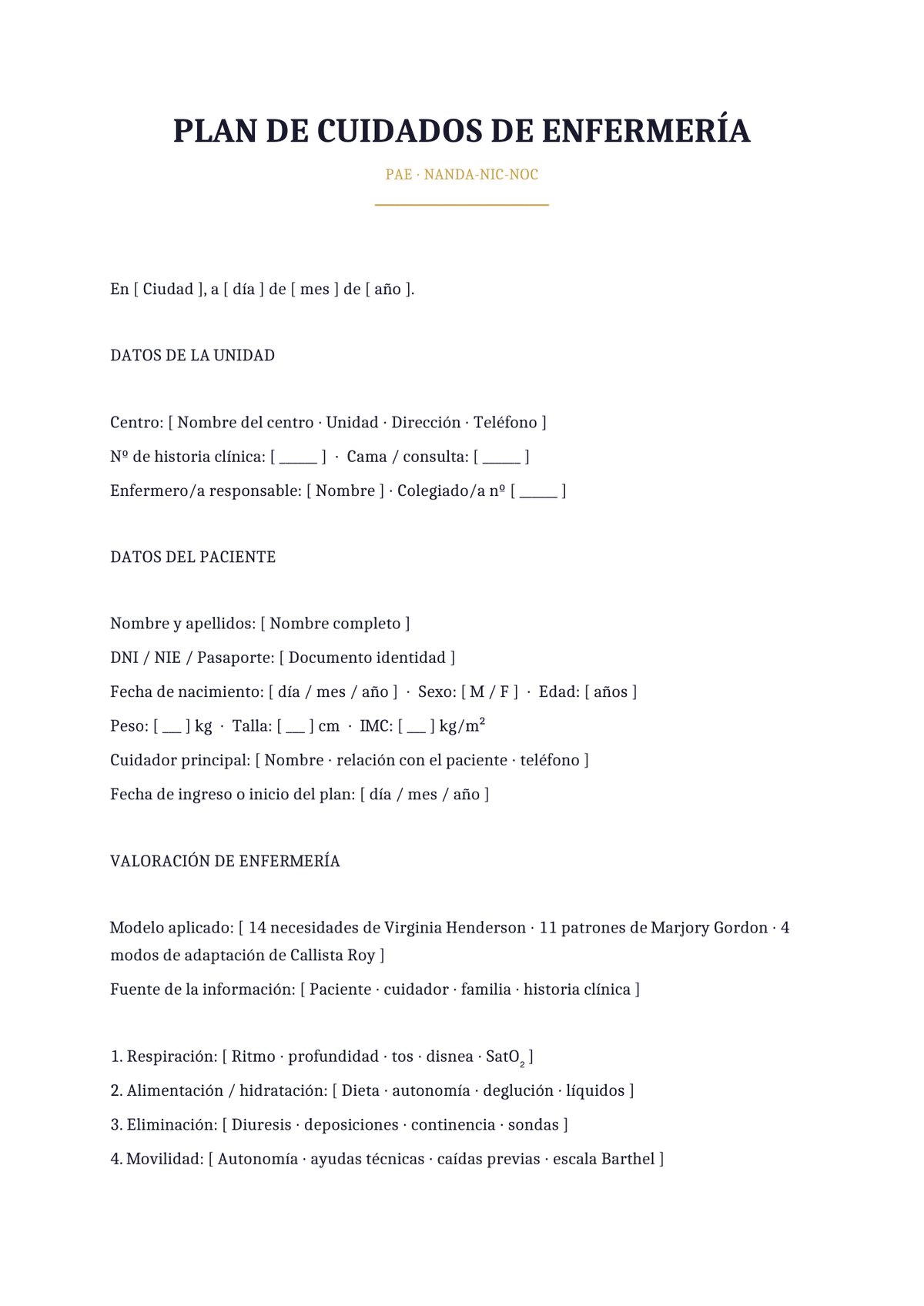 Plantilla Plan de cuidados con taxonomías NANDA-NIC-NOC