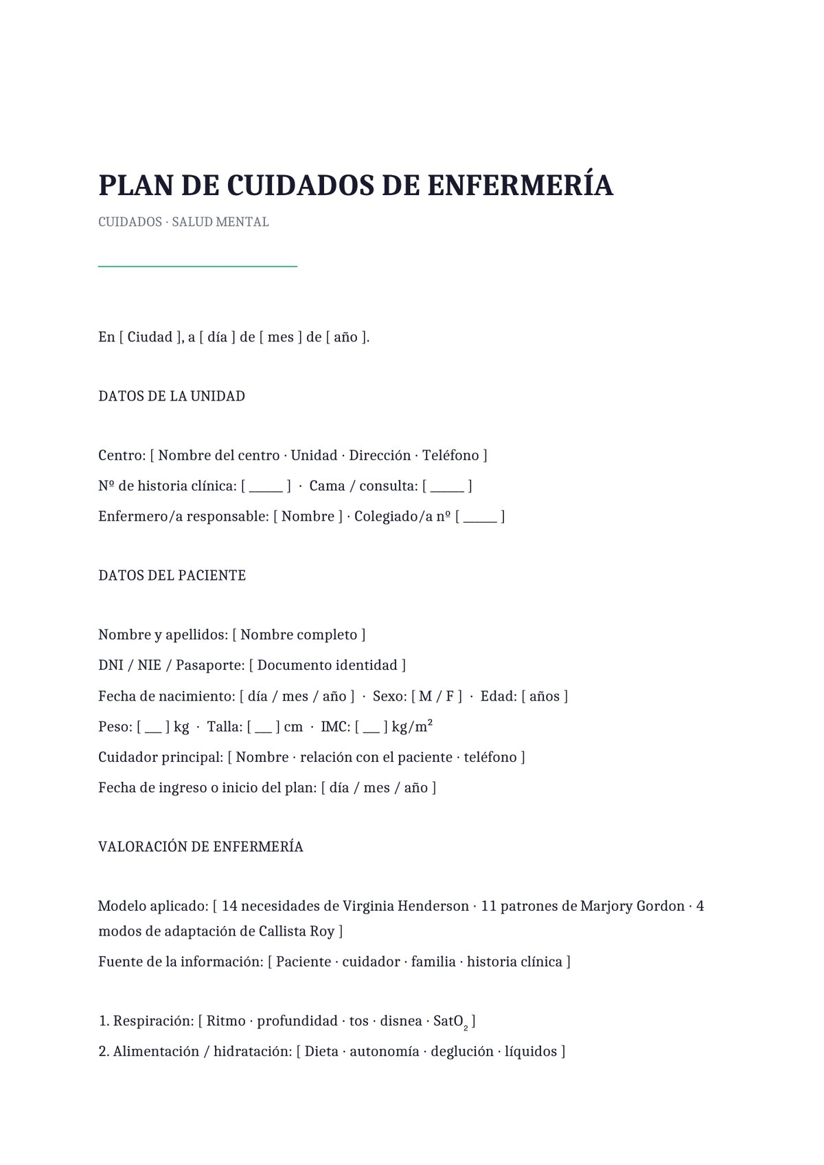 Plantilla Plan de cuidados en salud mental