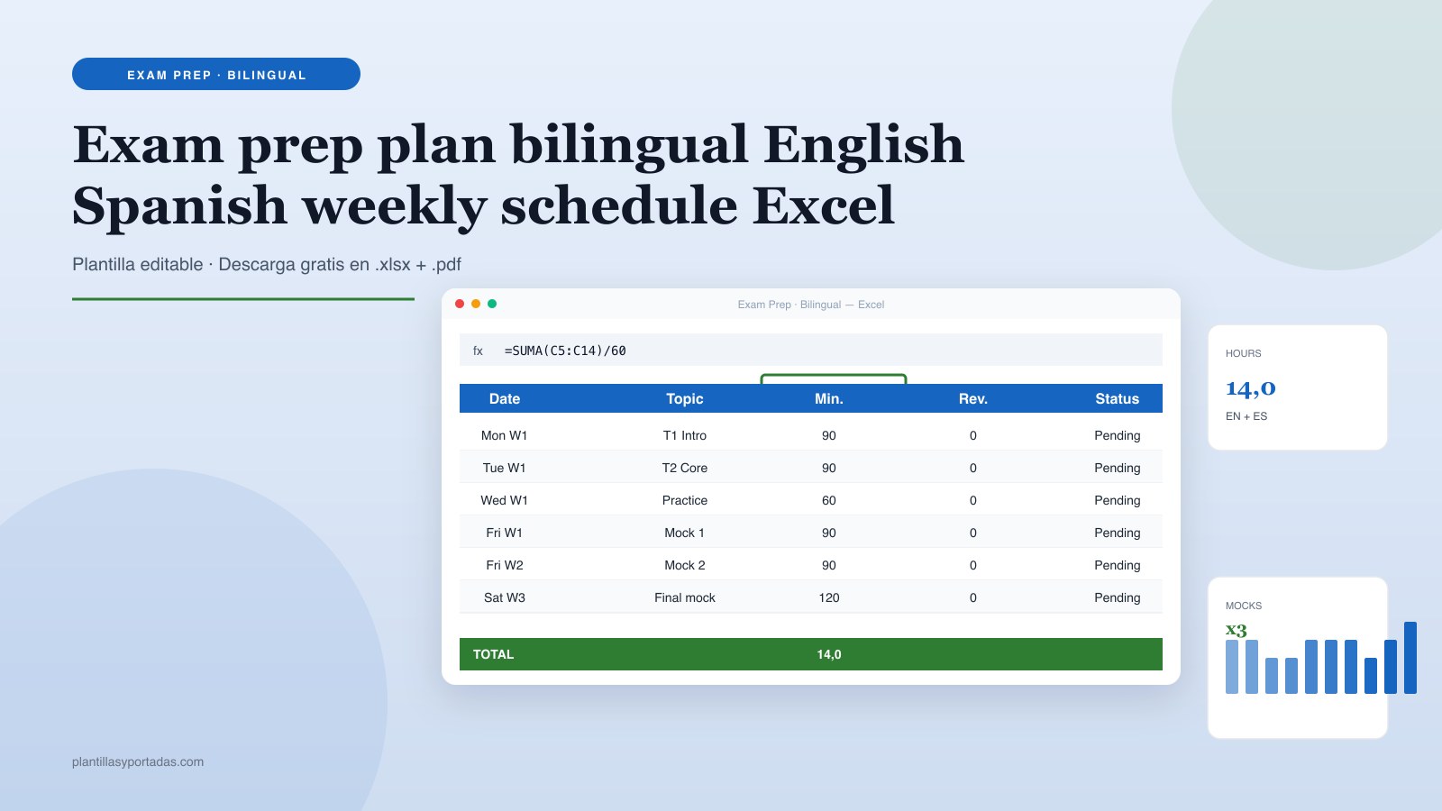 Plantilla Plan de estudio · bilingüe ES + EN exam prep en Excel