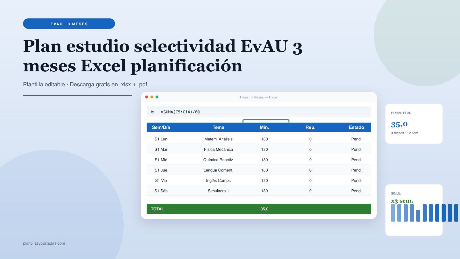 Plantilla Plan de estudio · selectividad / EvAU 3 meses en Excel