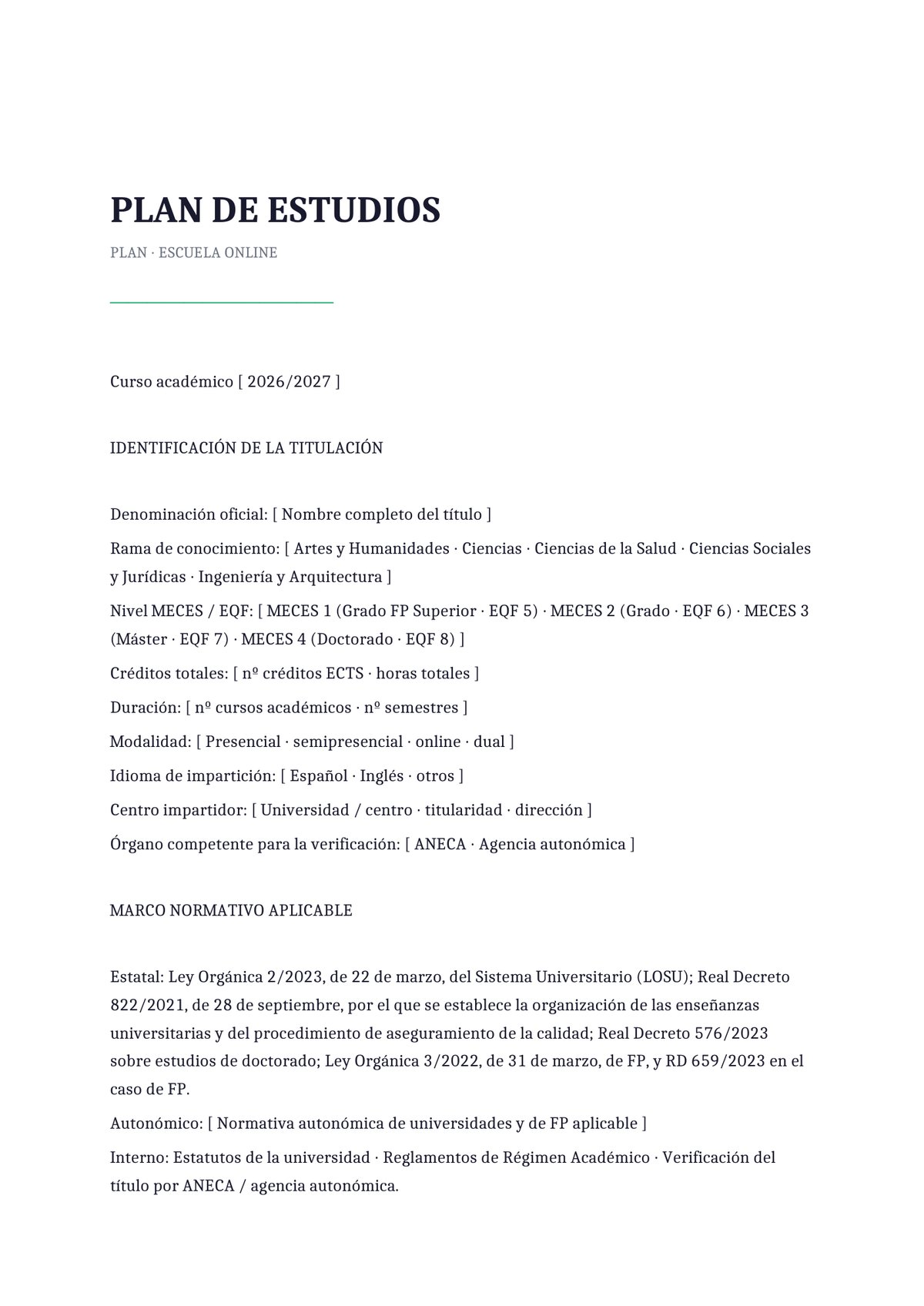 Plantilla Plan de estudios de escuela online