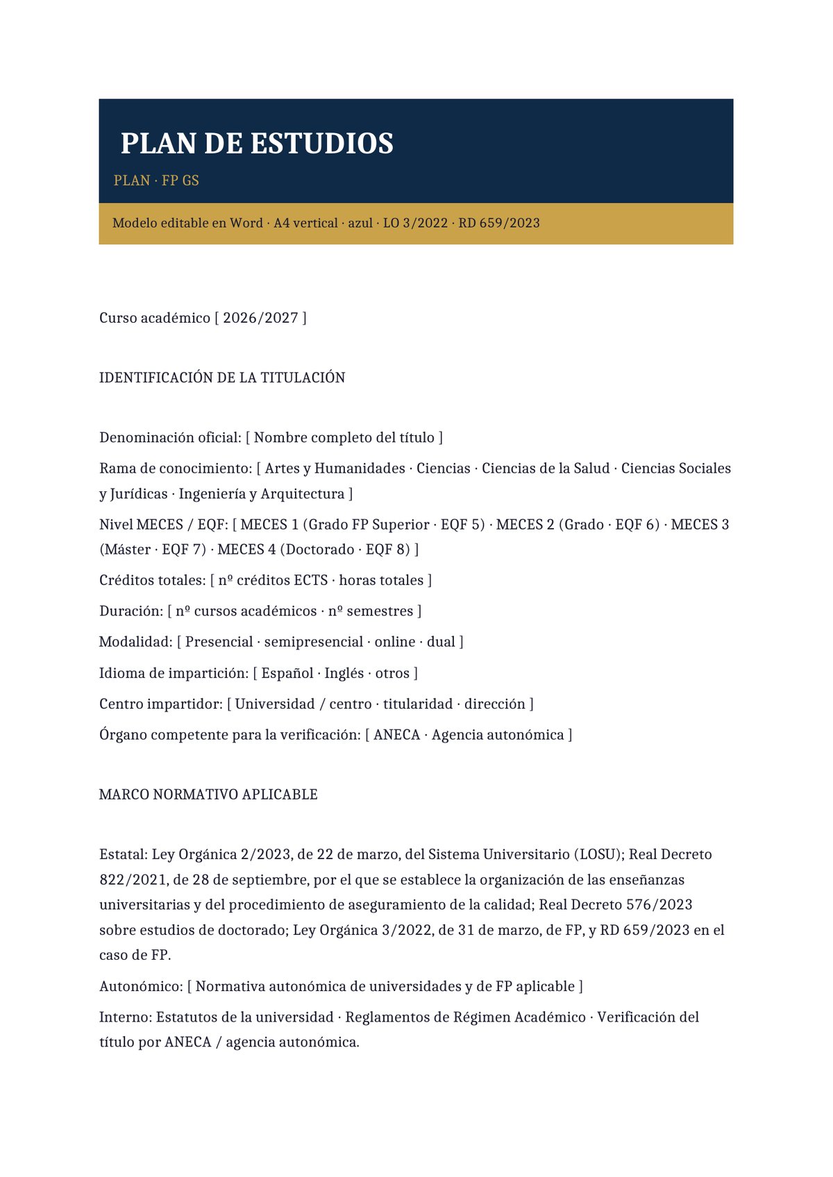 Plantilla Plan de estudios de FP Grado Superior