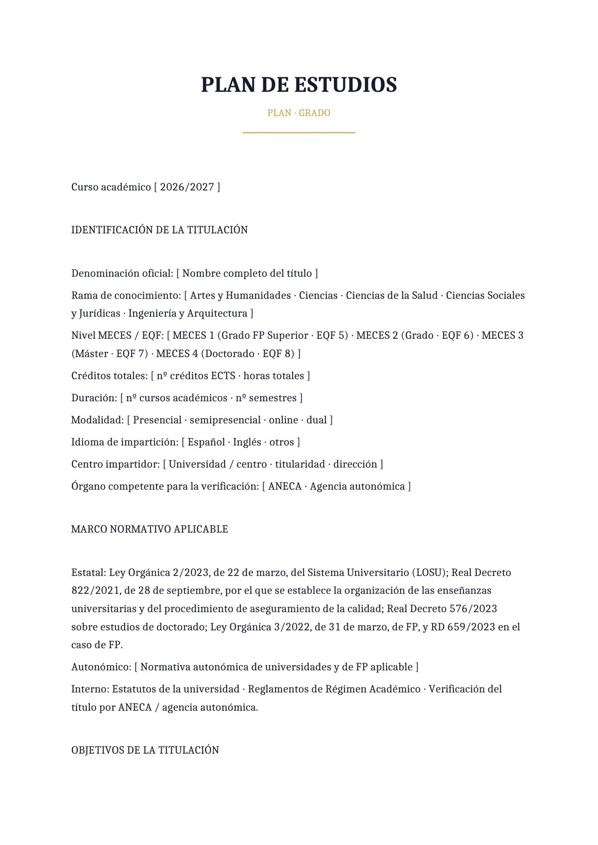 Plantilla Plan de estudios de Grado universitario