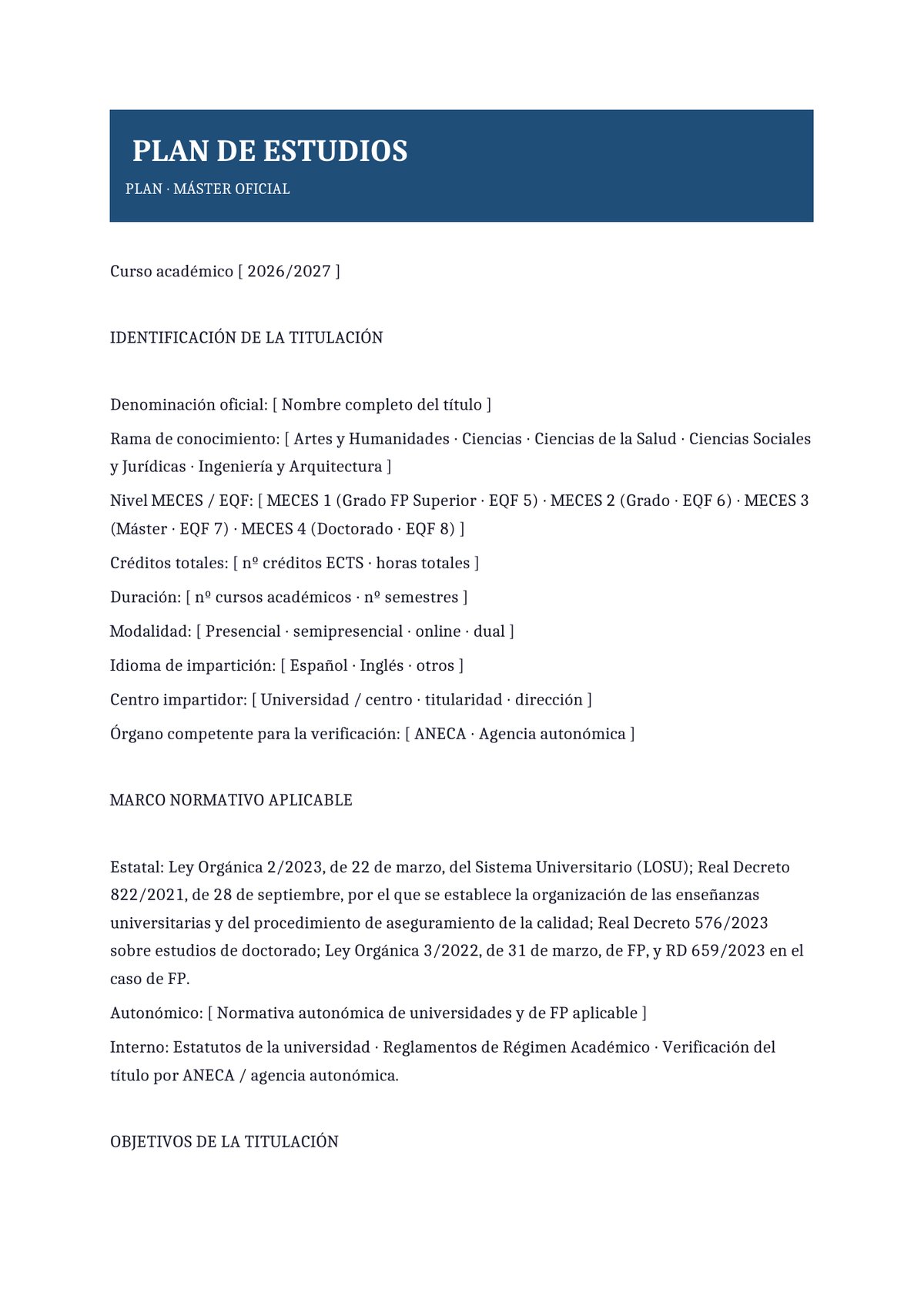 Plantilla Plan de estudios de Máster oficial