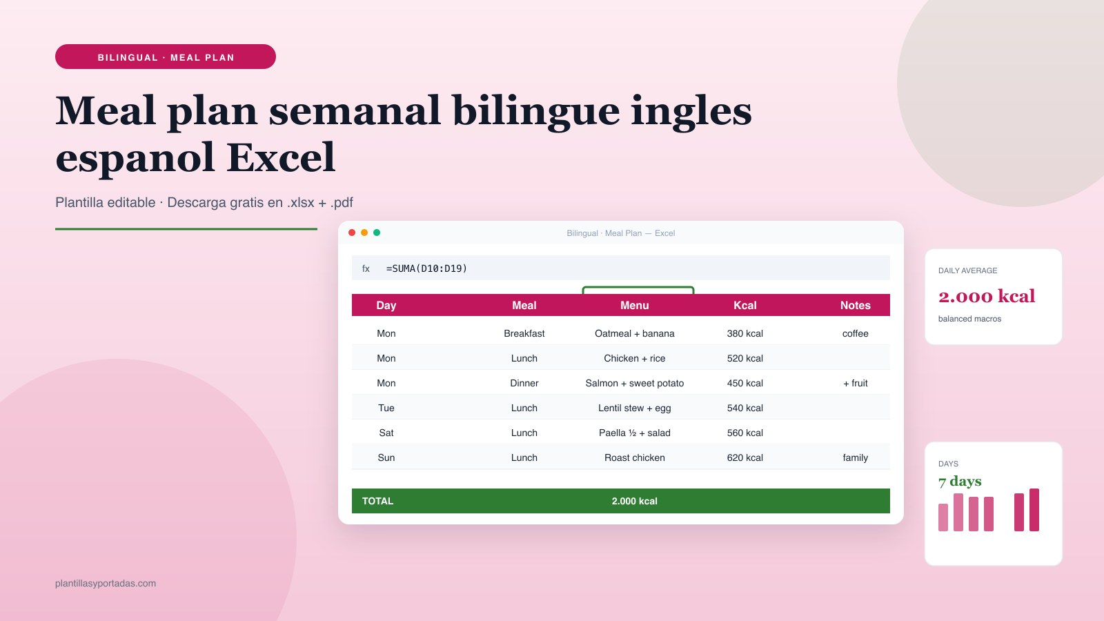 Plantilla Meal plan semanal — bilingüe ES+EN en Excel