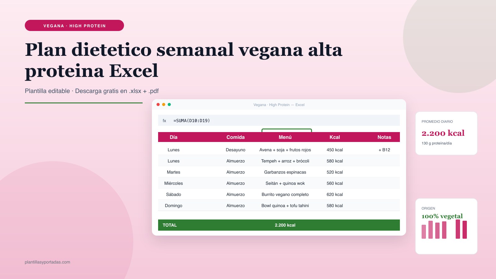 Plantilla Plan dietético semanal — vegana alta proteína en Excel