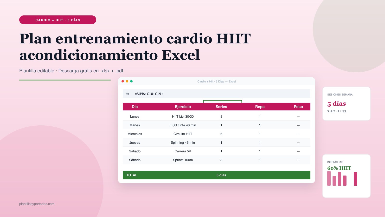 Plantilla Plan de entrenamiento Cardio + HIIT — acondicionamiento en Excel