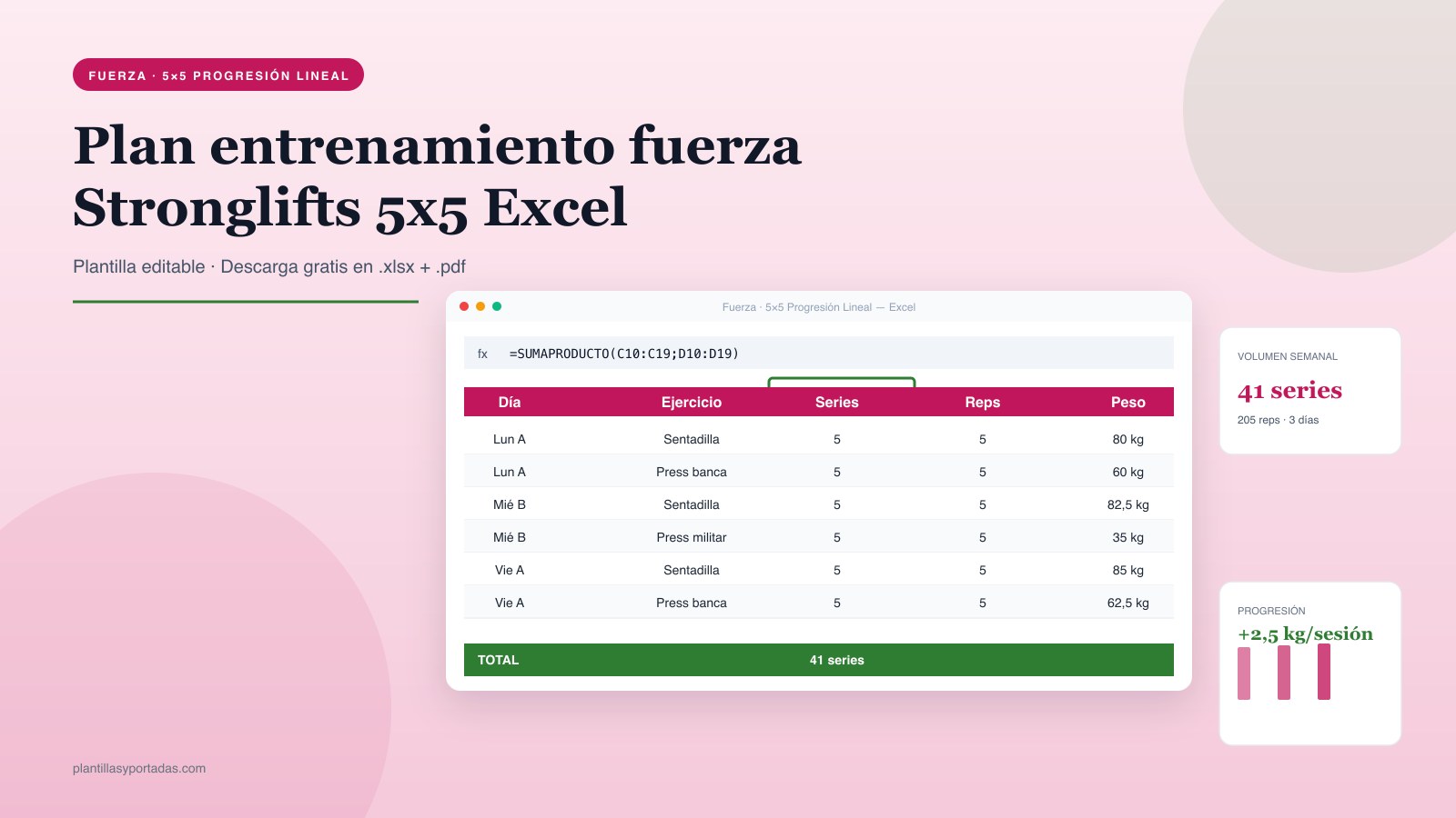 Plantilla Plan de entrenamiento Fuerza — Stronglifts 5x5 en Excel