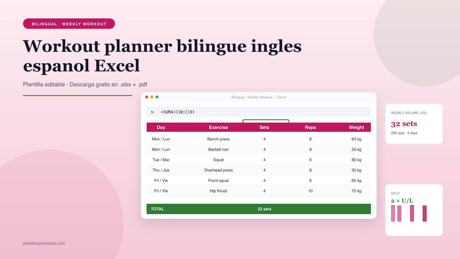 Plantilla Workout planner — bilingüe ES+EN en Excel