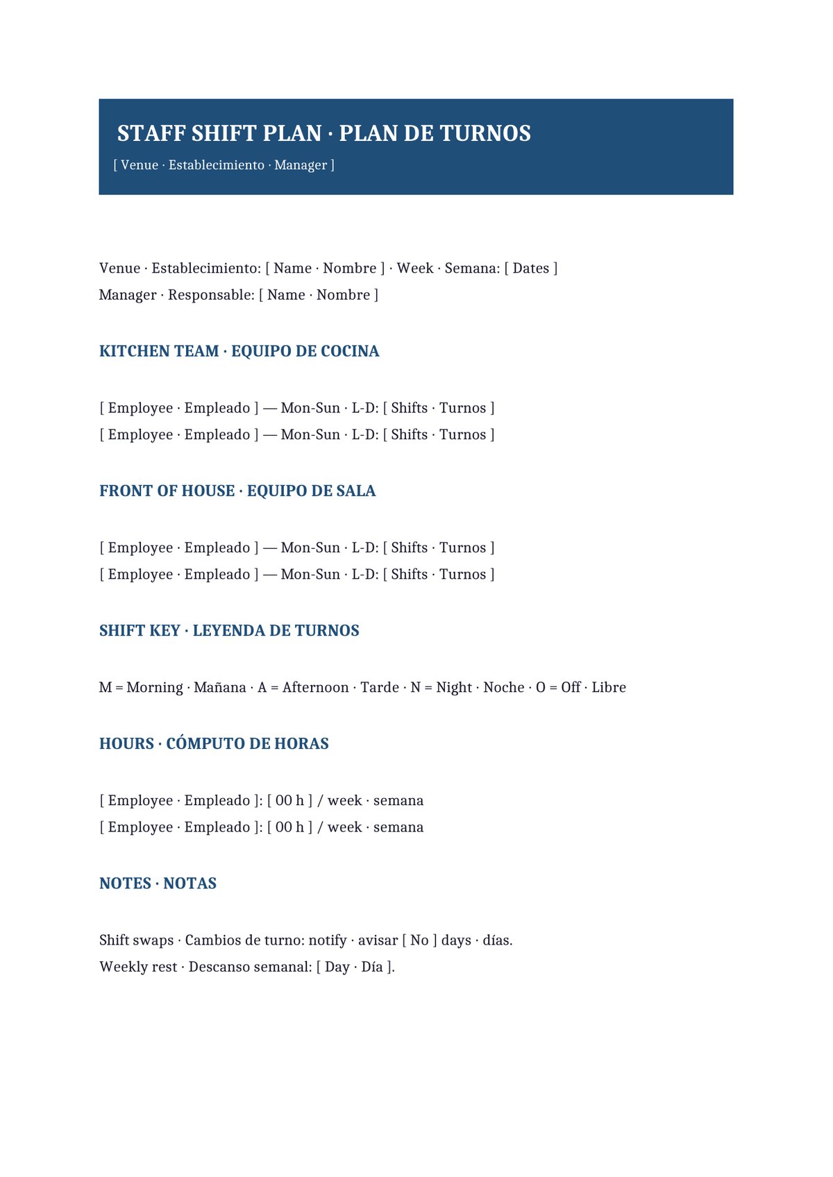 Plantilla Plan de turnos bilingüe (ES + EN)