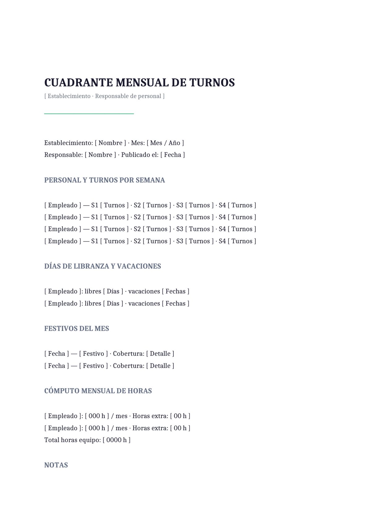 Plantilla Cuadrante mensual de turnos