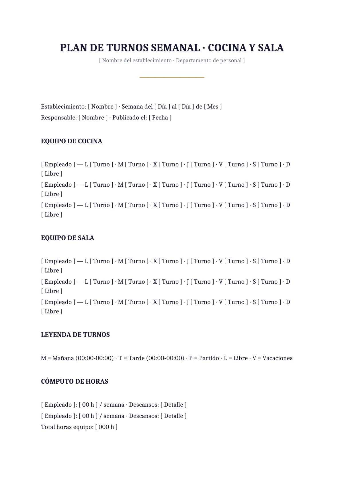 Plantilla Plan de turnos semanal cocina y sala