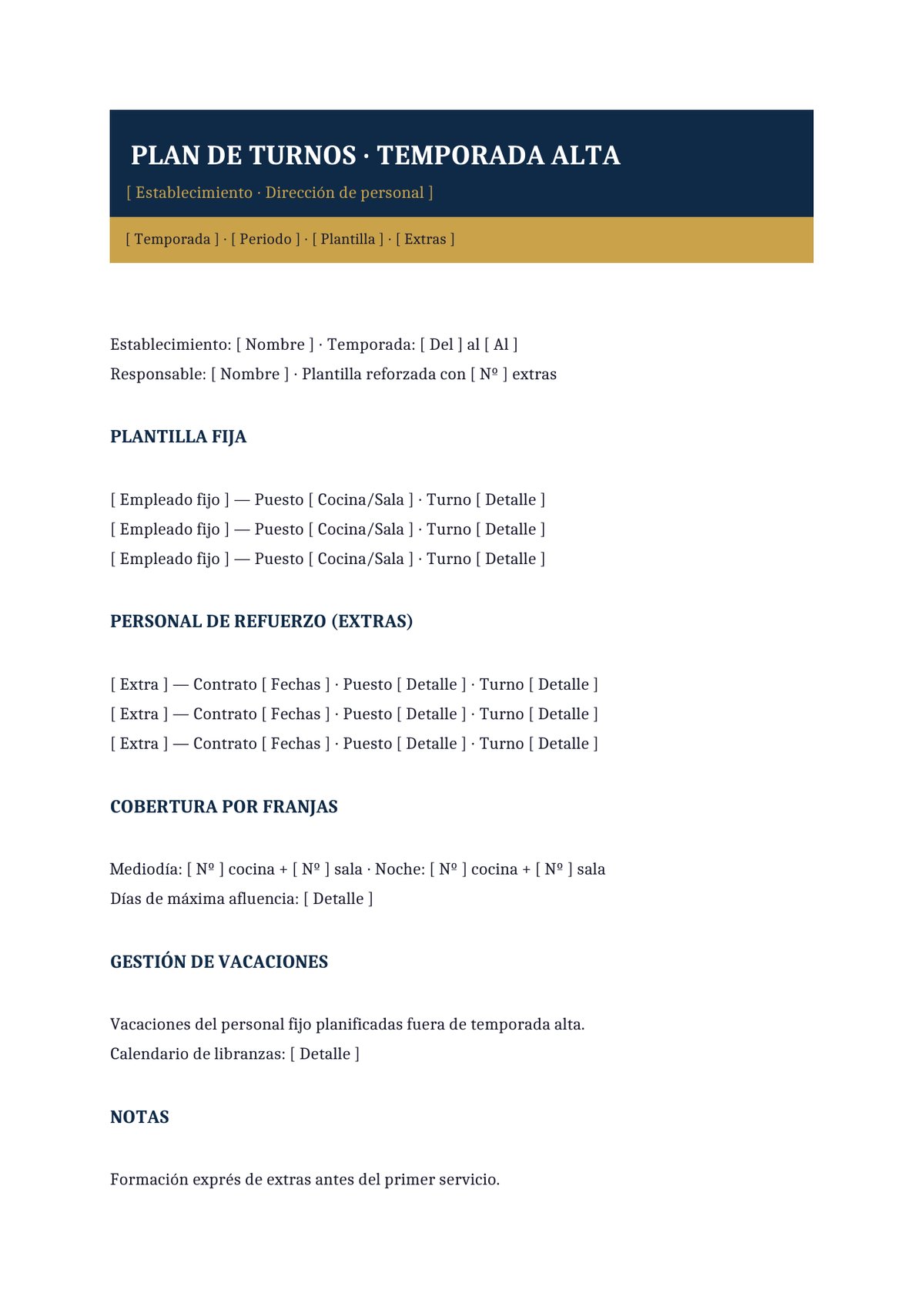 Plantilla Plan de turnos para temporada alta