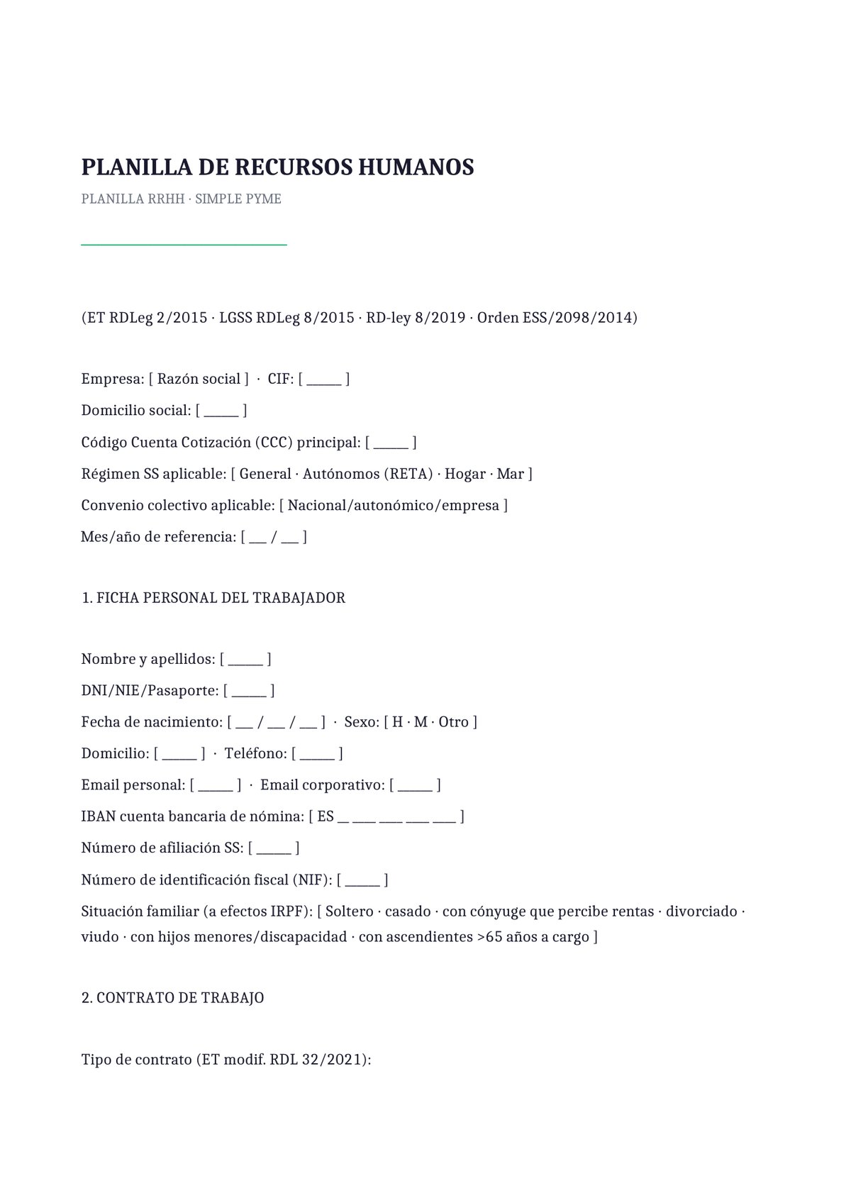 Plantilla Planilla RRHH simple PYME