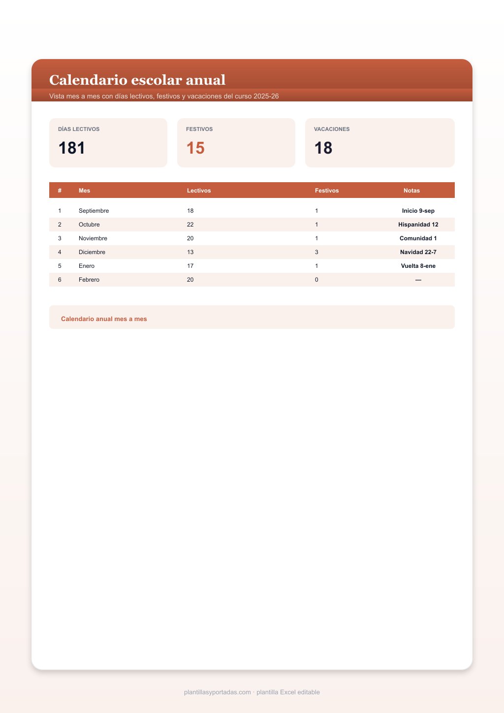 Plantilla Calendario escolar anual en Excel