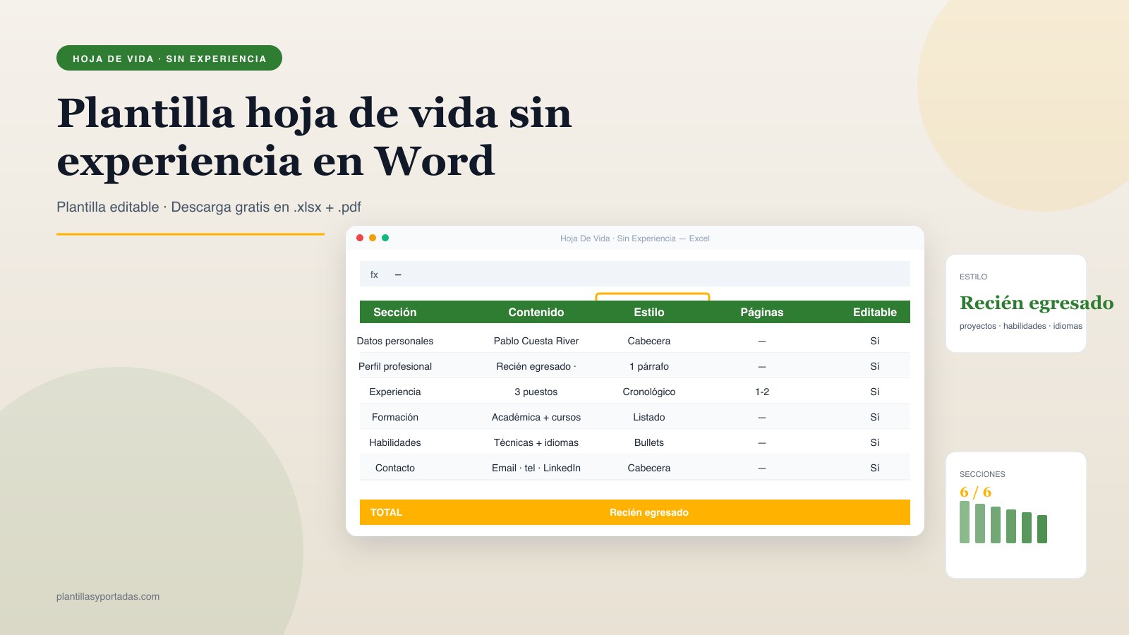 Plantilla Hoja de vida sin experiencia (recién egresado) en Word