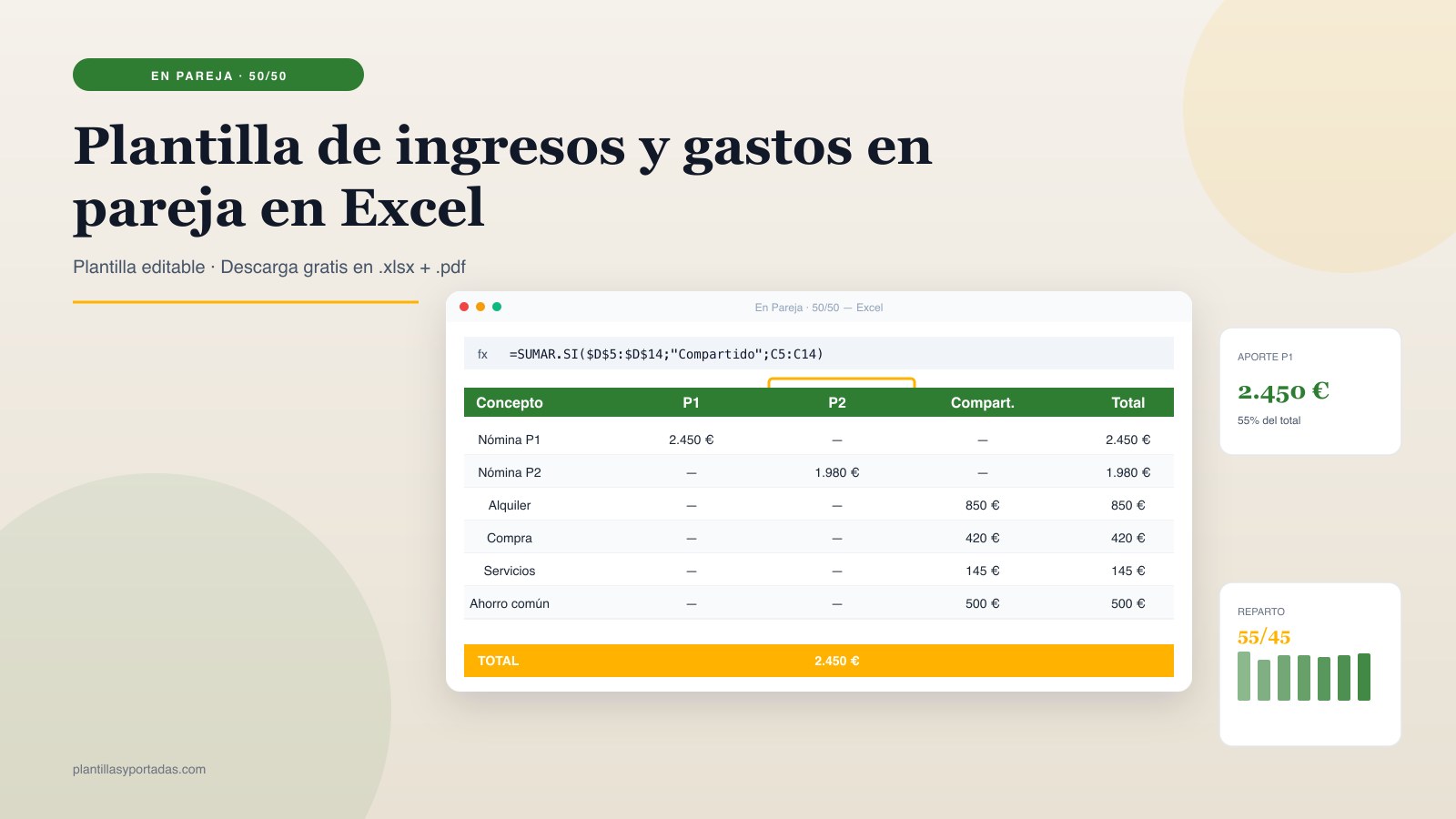 Plantilla Ingresos y gastos en pareja en Excel