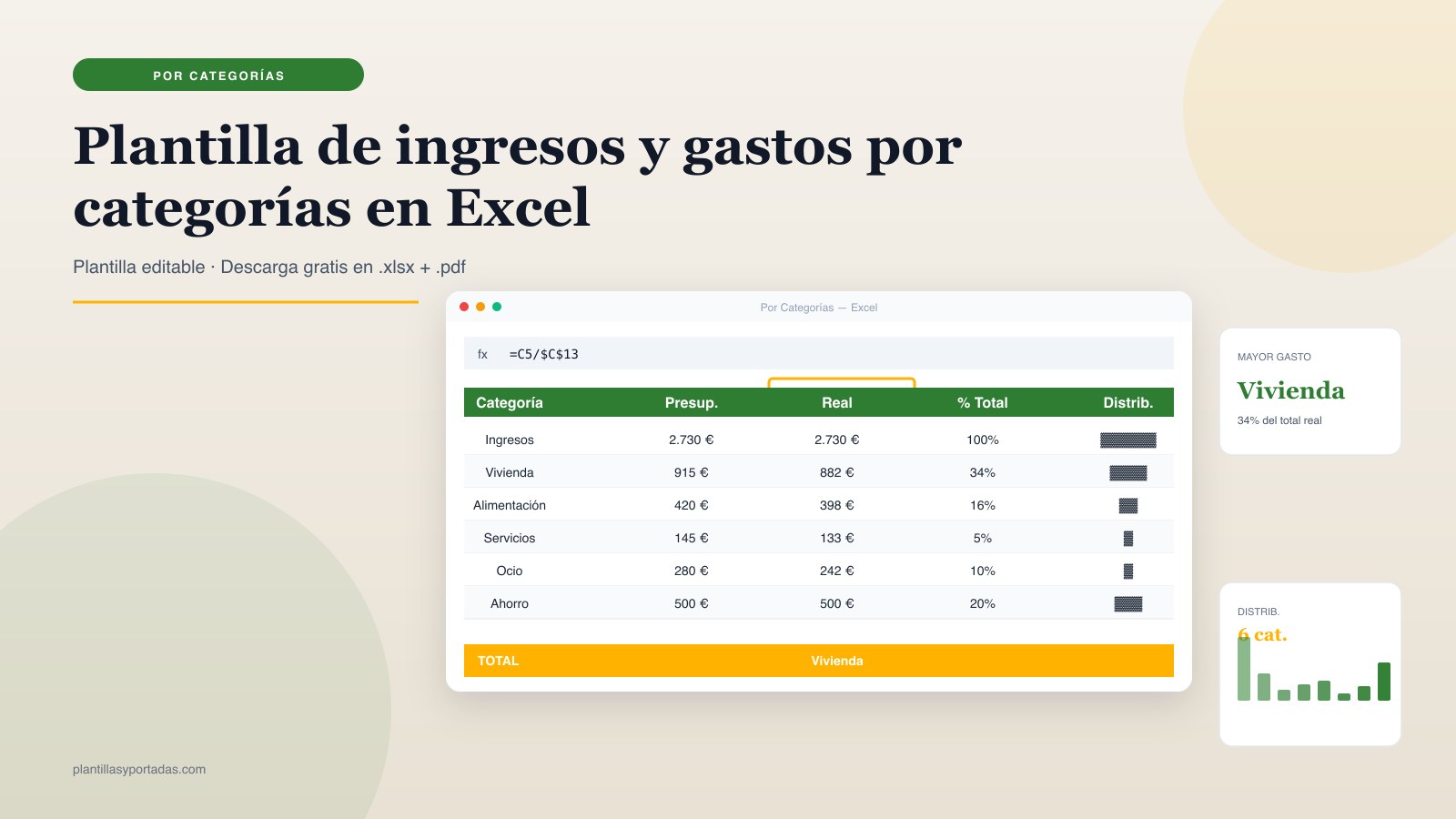Plantilla Ingresos y gastos por categorías en Excel