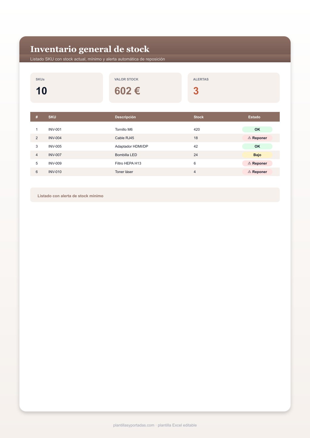 Plantilla Inventario general de stock en Excel