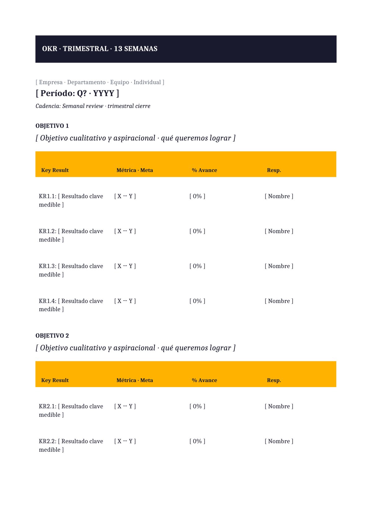 Plantilla OKR trimestral con review semanal
