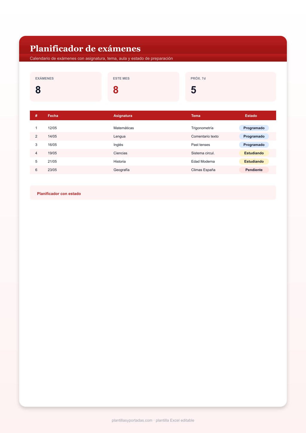 Plantilla Planificador de exámenes en Excel