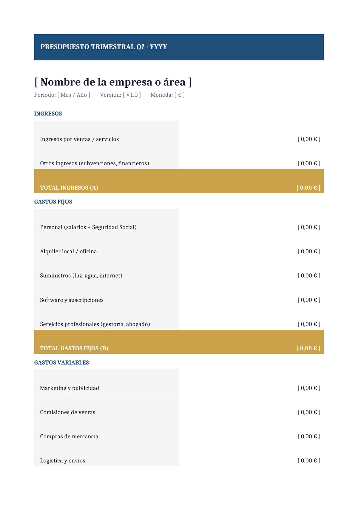 Plantilla Presupuesto trimestral de empresa